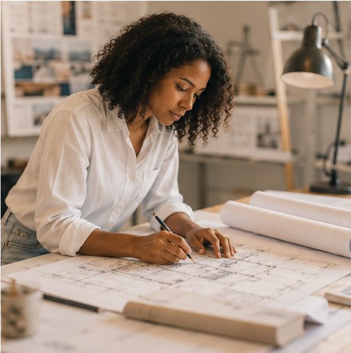Une architecte travaillant sur des plans