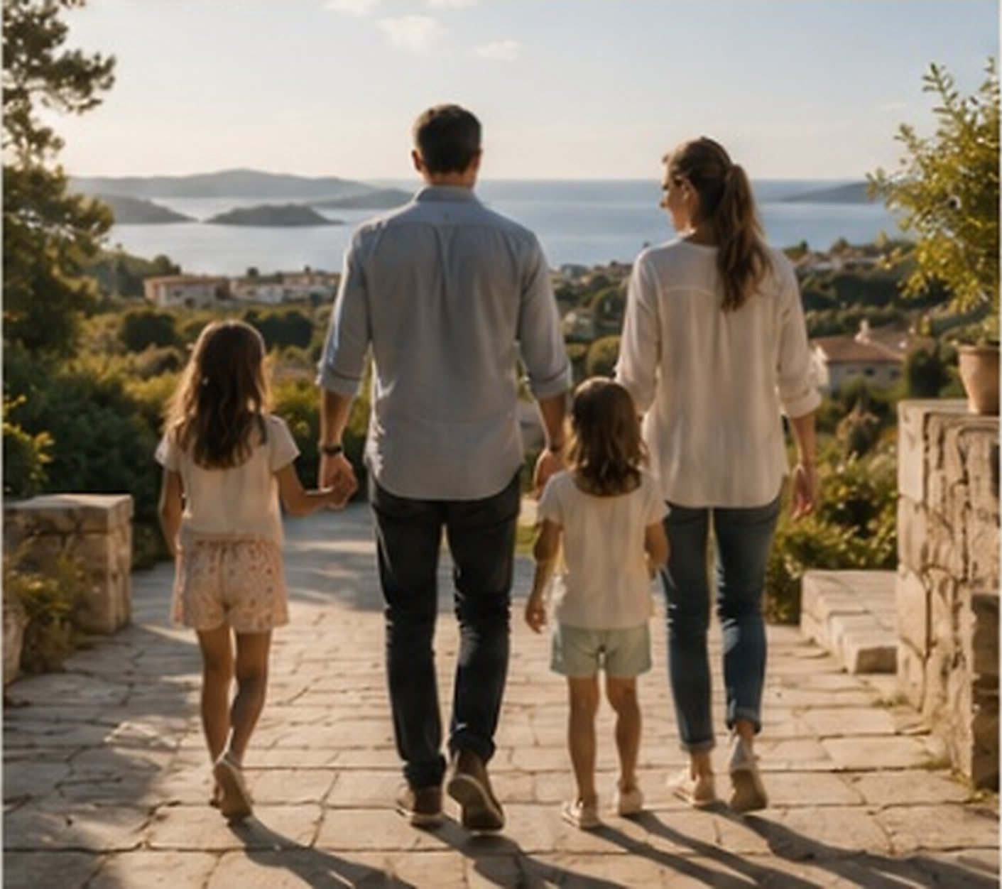 Une famille marchant vers la mer