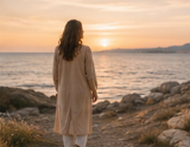 Une femme face au coucher de soleil